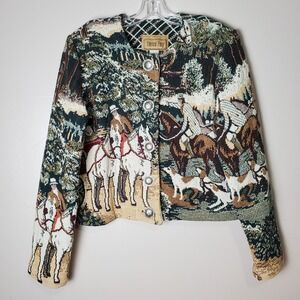 Vintage Painted Pony Equestrian Tapestry Jacket Hunting Dogs Horses Countryside